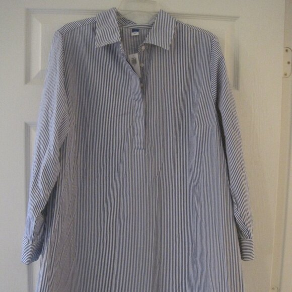 OLD NAVY BLUE AND WHITE STRIPED LONG SLEEVE SWING SHIRT DRESS W/ POCKETS XL NWT - Picture 1 of 3